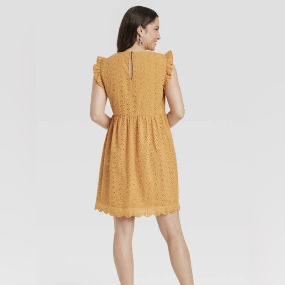 Knox Rose Women's Small, Sleeveless, Babydoll, Dress Mustard Yellow, Eyelet Lace - Picture 2 of 14
